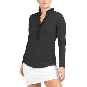 G LIFESTYLE Black Upf 50 Ruffle V-neck Long Sleeve Top
